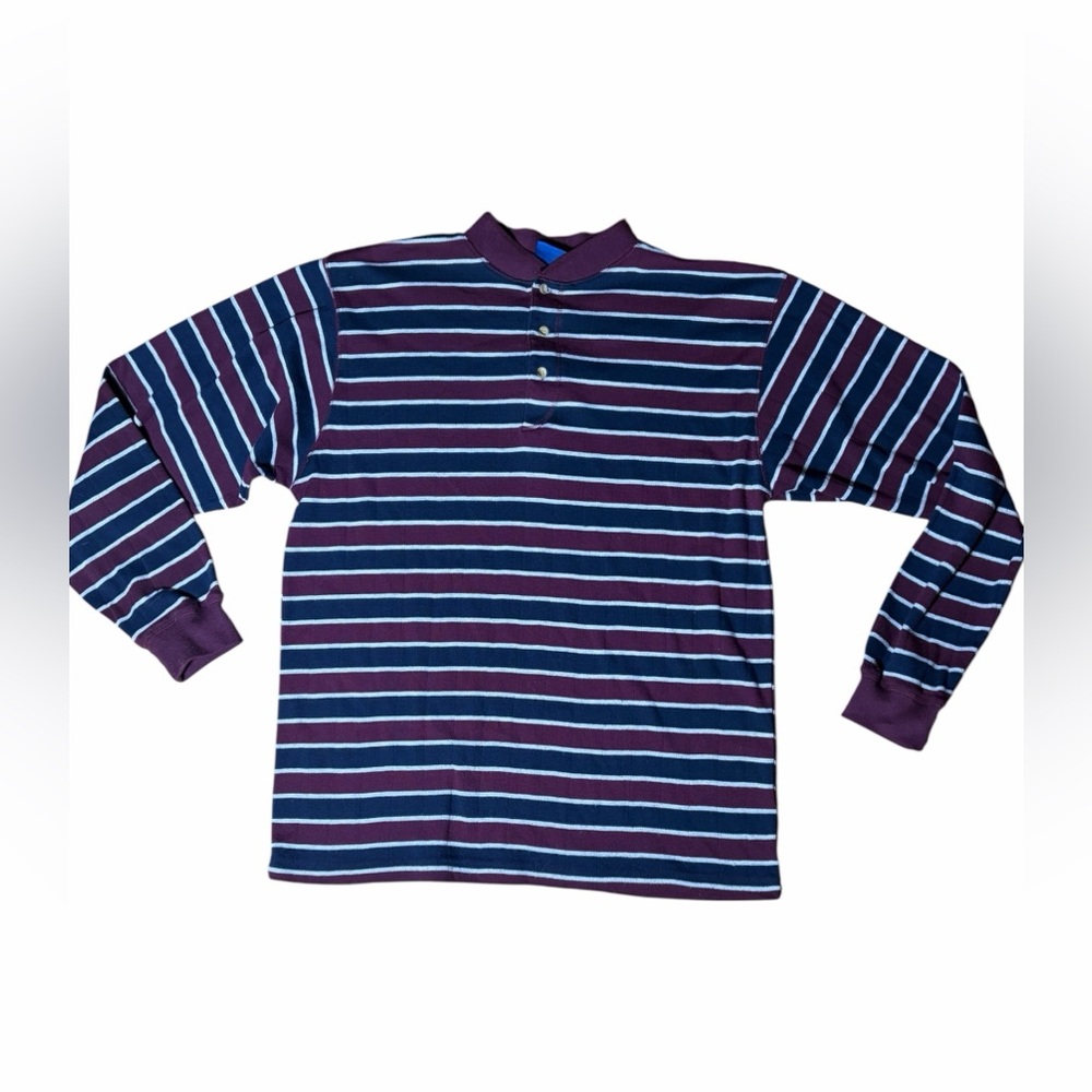 Striped Henley Long Sleeve Shirt - Purple & Blue - Picture 1 of 9